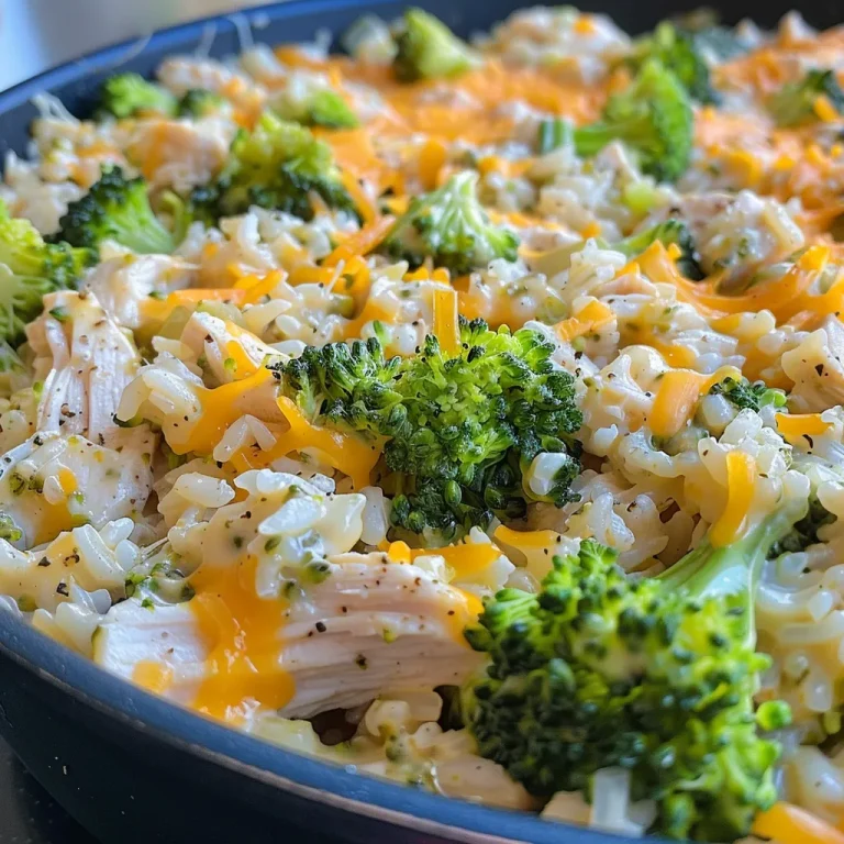 Close-up view of cheesy chicken broccoli rice in a bowl.