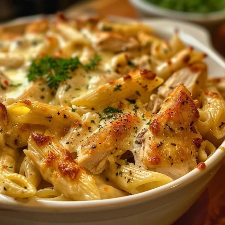 Close-up of creamy Cheesy Chicken Pasta with visible chicken and melted cheese.