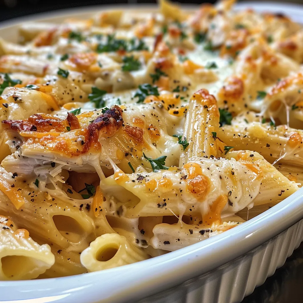 Side view of a bowl filled with Cheesy Chicken Pasta, showcasing a rich, cheesy texture.