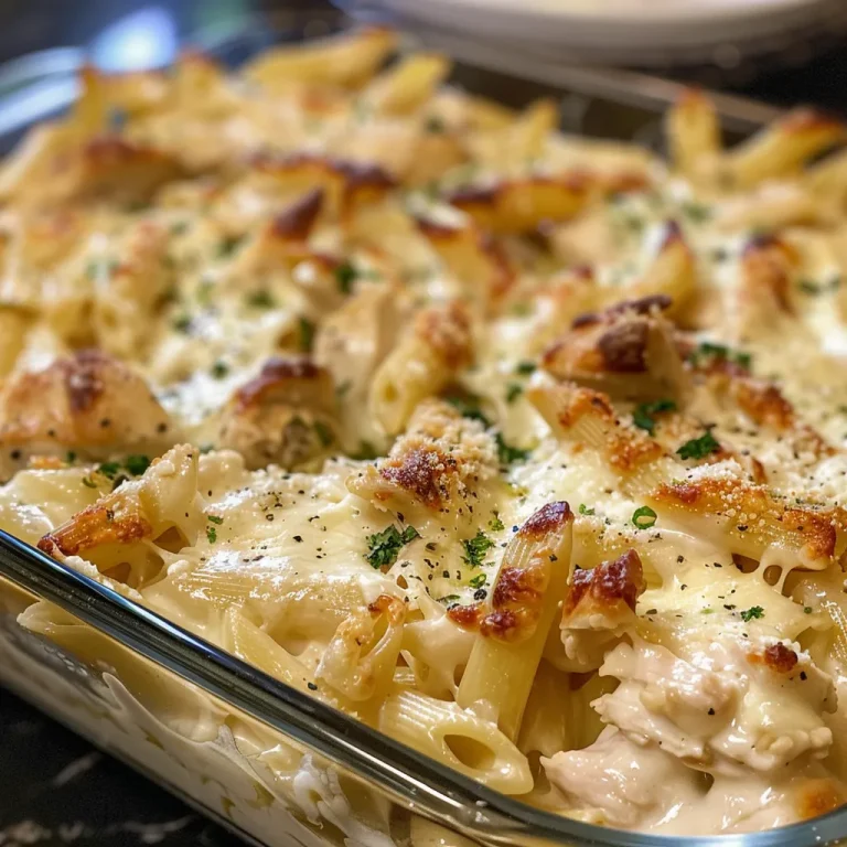 Creamy Chicken Alfredo Bake Casserole: A Cozy Twist on Classic Comfort Food! Close-up view of Chicken Alfredo Bake Casserole with golden cheese and pasta.