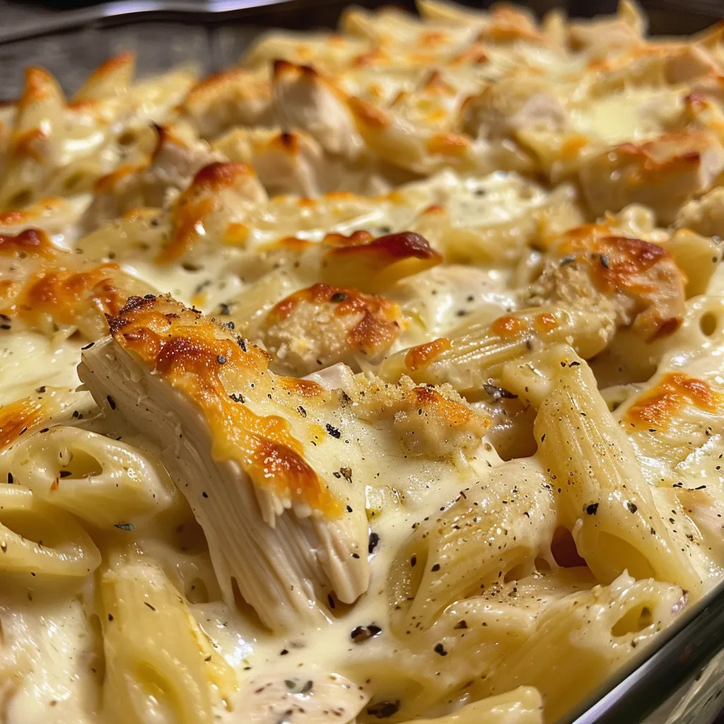 Juicy Chicken Alfredo Bake Casserole served in a dish, showcasing melted cheese and diced chicken.