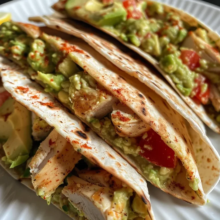 Wrap It Up: Flavor-Packed Chicken and Guacamole Delights! A close-up view of a juicy chicken and guacamole wrap, showcasing fresh ingredients.