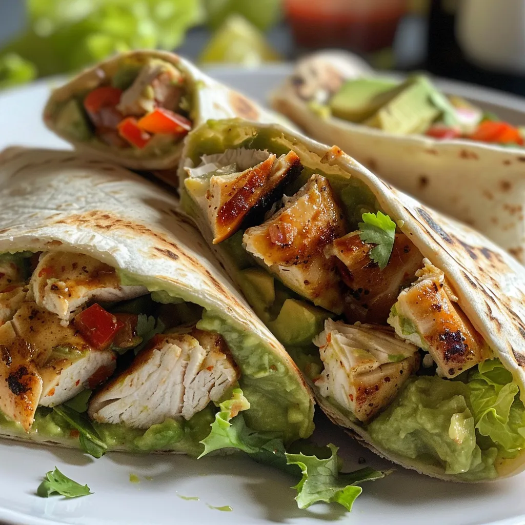 Side view of a delicious tortilla wrap filled with chicken, guacamole, and vegetables.