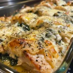 Close-up of a creamy chicken and spinach casserole served in a dish.