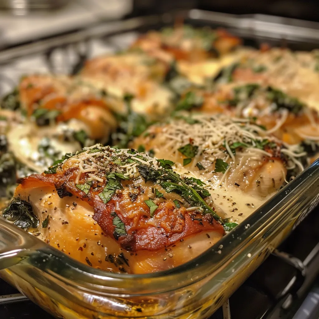 Side view of a golden-brown chicken and spinach casserole with melted cheese on top.