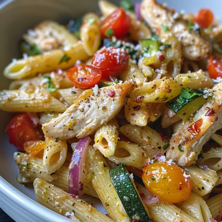 Pasta Party: A Whirlwind of Chicken and Veggies in Every Bite! Close-up view of a plate of chicken and vegetable pasta with vibrant green zucchini and red cherry tomatoes.