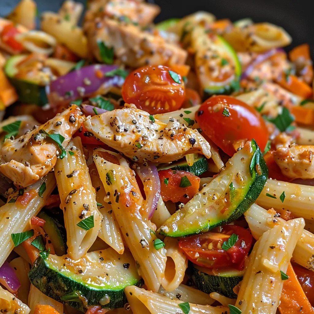 Side view of a dish featuring juicy chicken strips mixed with colorful vegetables and penne pasta.