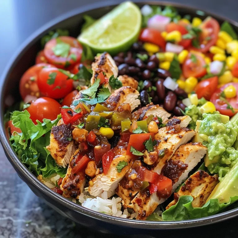 Close-up side view of a Chicken Burrito Protein Bowl with vibrant ingredients.