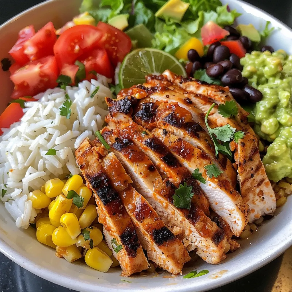 Juicy Chicken Burrito Protein Bowl featuring colorful toppings and a variety of ingredients.