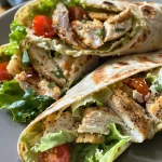 Close-up view of a Chicken Caesar Wrap filled with chicken, lettuce, and parmesan cheese.