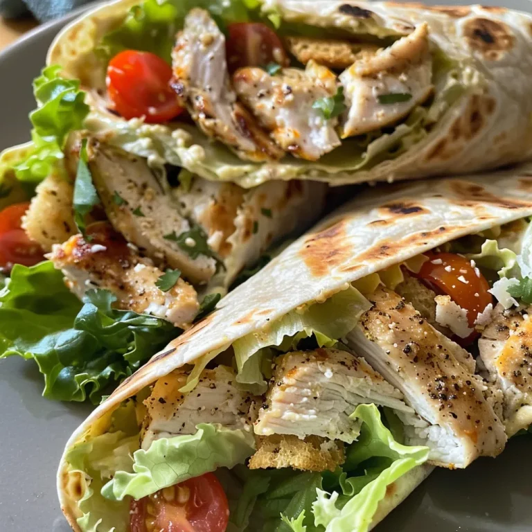 Close-up view of a Chicken Caesar Wrap filled with chicken, lettuce, and parmesan cheese.