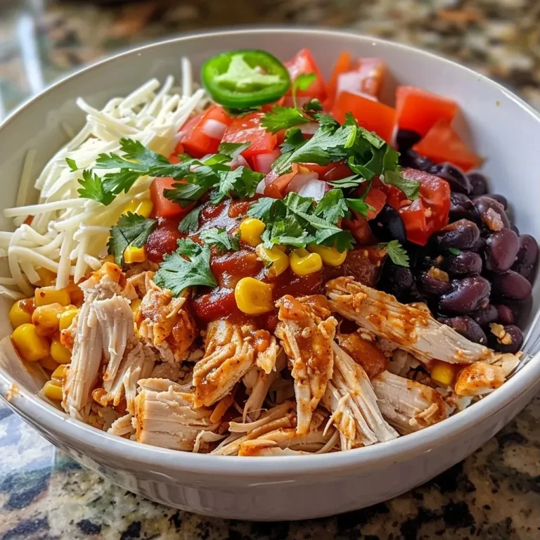 Enchilada Bliss: A Flavor-Packed Chicken Bowl to Ignite Your Taste Buds! A close-up side view of a Chicken Enchilada Bowl filled with vibrant ingredients.