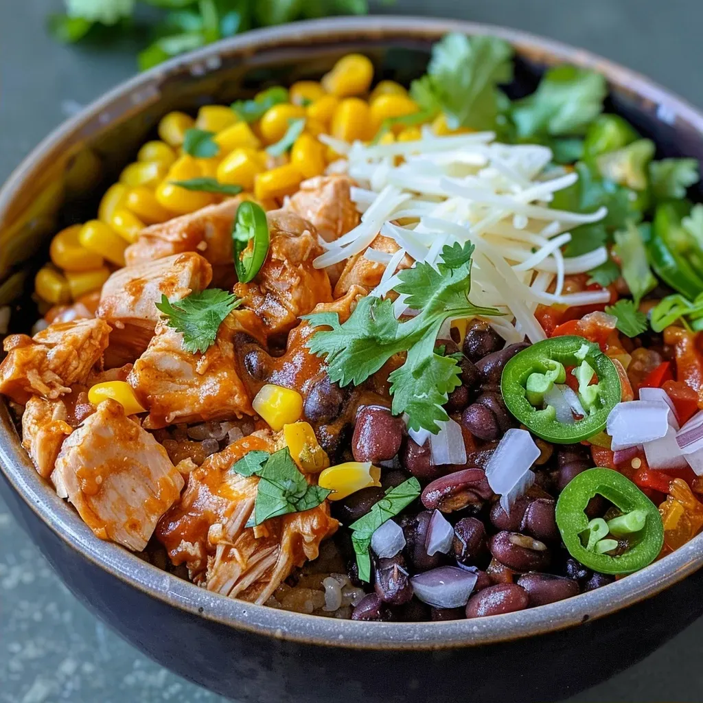 Juicy Chicken Enchilada Bowl featuring quinoa, black beans, corn, and topped with avocado.