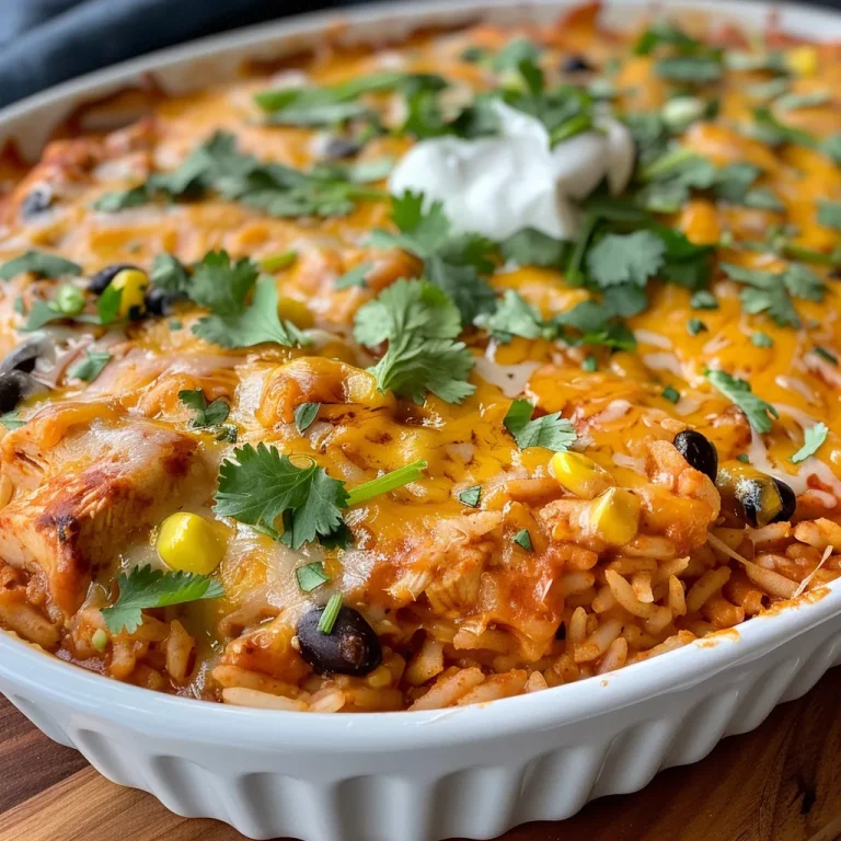 Close-up view of a delicious chicken enchilada rice casserole topped with melted cheese and cilantro.