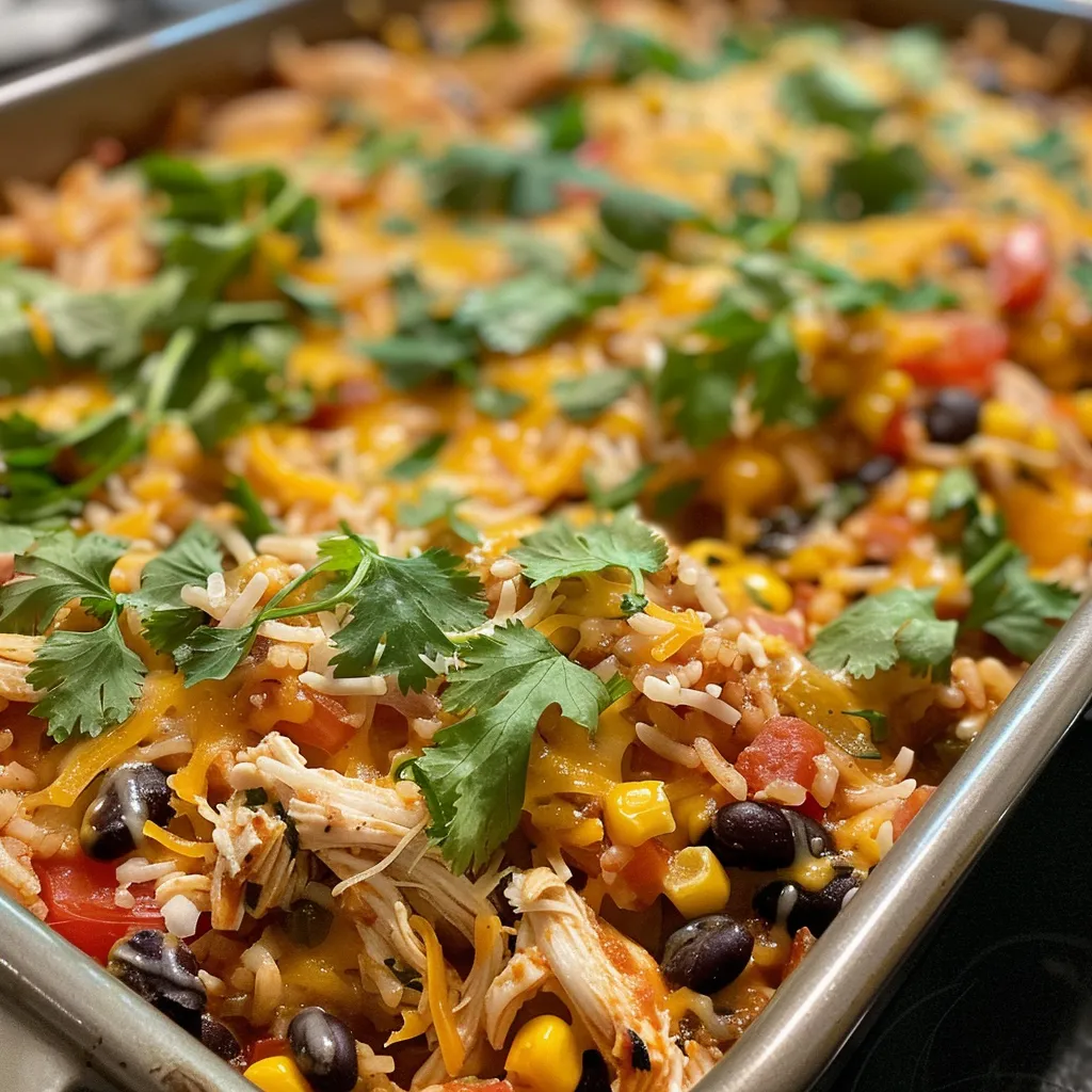 Side angle shot of a juicy chicken enchilada rice casserole with vibrant layers of rice, beans, and sauce.