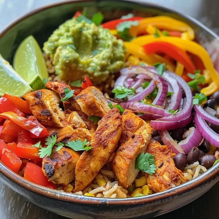 A close-up view of a Chicken Fajita Bowl, featuring colorful bell peppers, chicken, and rice.