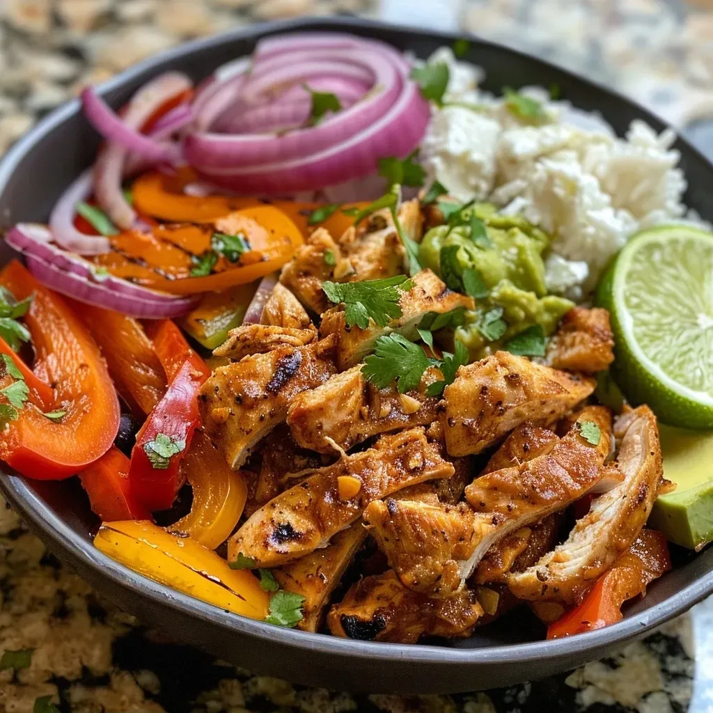 A vibrant Chicken Fajita Bowl with grilled chicken, sliced vegetables, and toppings.