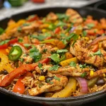 Close-up view of a Chicken Fajita Rice Skillet with colorful peppers and chicken pieces.