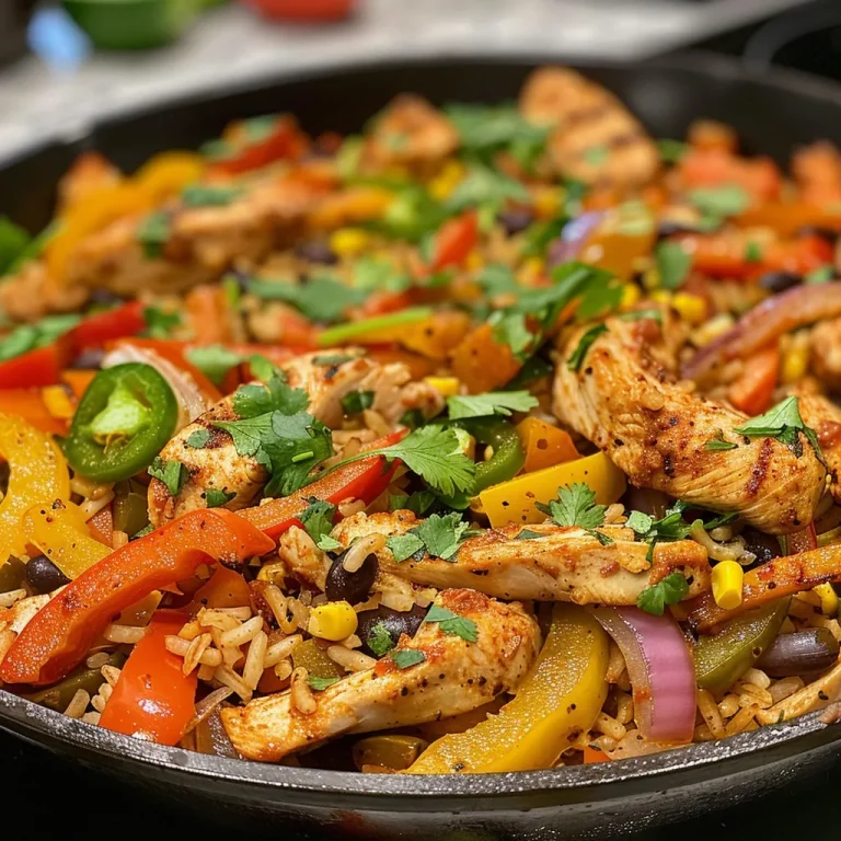 Close-up view of a Chicken Fajita Rice Skillet with colorful peppers and chicken pieces.