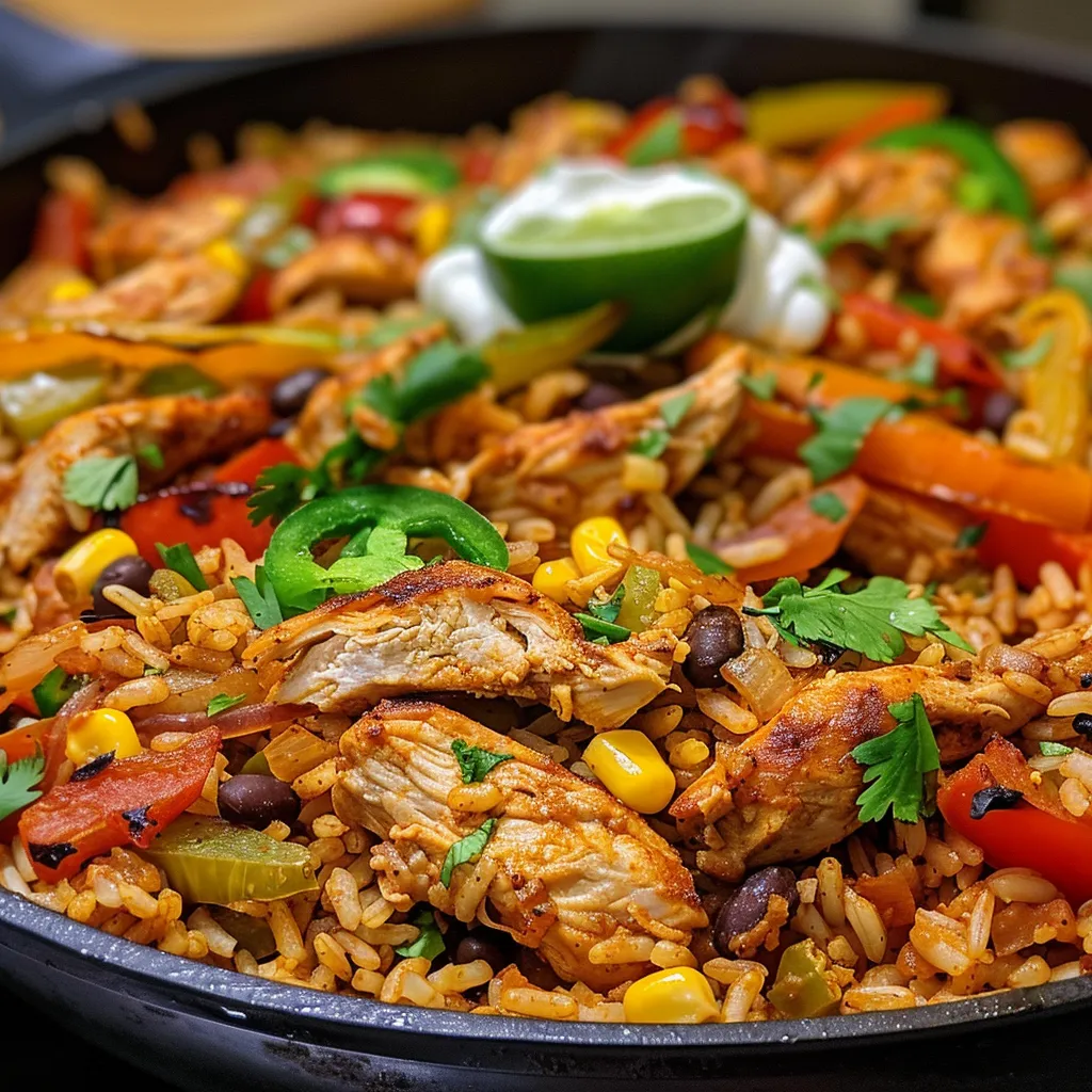 A delicious Chicken Fajita Rice Skillet, featuring bright bell peppers and melted cheese.