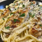 Close-up of a creamy Chicken Fettuccine Alfredo with pieces of chicken and parsley.