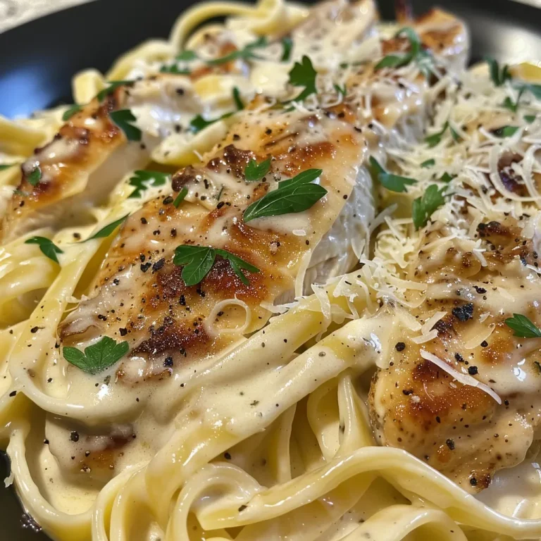 Indulgent Chicken Fettuccine Alfredo: A Wholesome Twist on a Classic Close-up of a creamy Chicken Fettuccine Alfredo with pieces of chicken and parsley.
