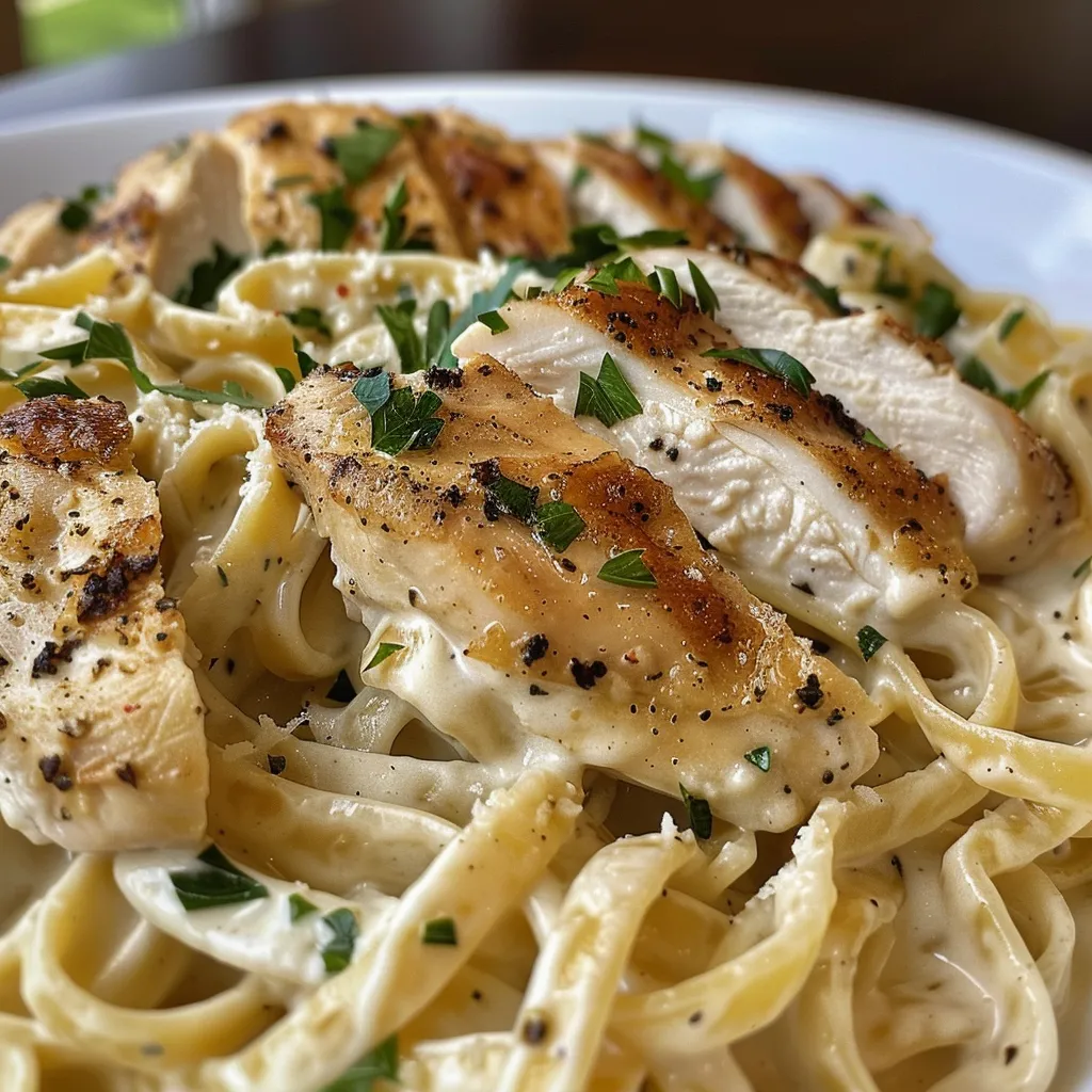 Side view of Chicken Fettuccine Alfredo showcasing the pasta, sauce, and chicken.