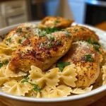 Close-up view of Chicken Garlic Parmesan Pasta with a creamy sauce.