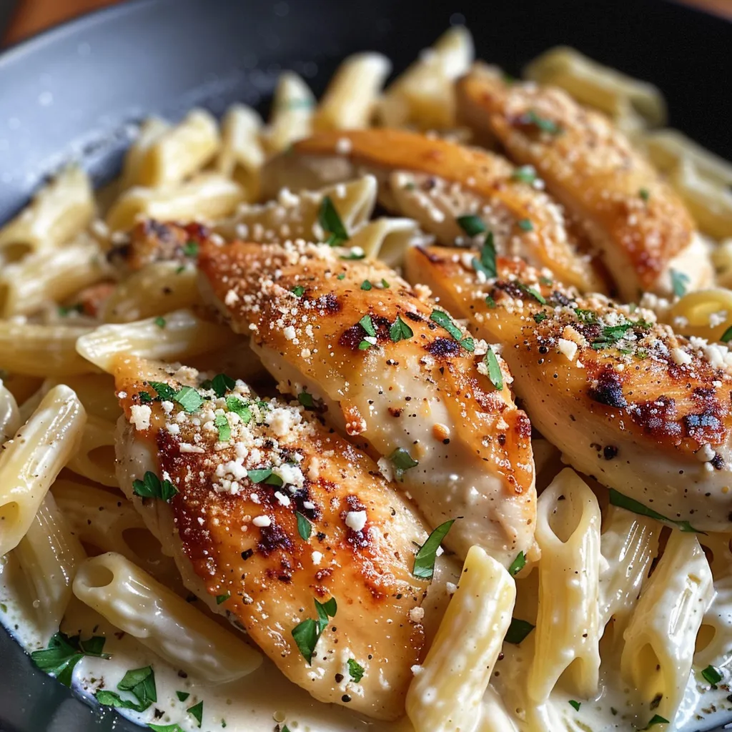Side view of a bowl of Chicken Garlic Parmesan Pasta showcasing juicy chicken and herbs.