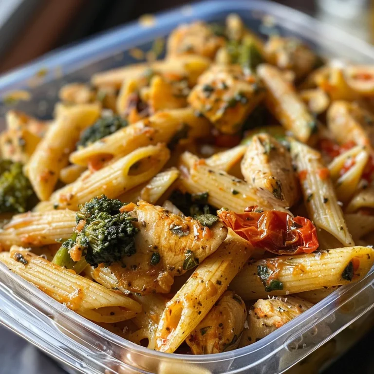 Savory Chicken Pasta Bowls That Make Meal Prep a Breeze! A close-up view of a Chicken Pasta Meal Prep Bowl filled with colorful ingredients.