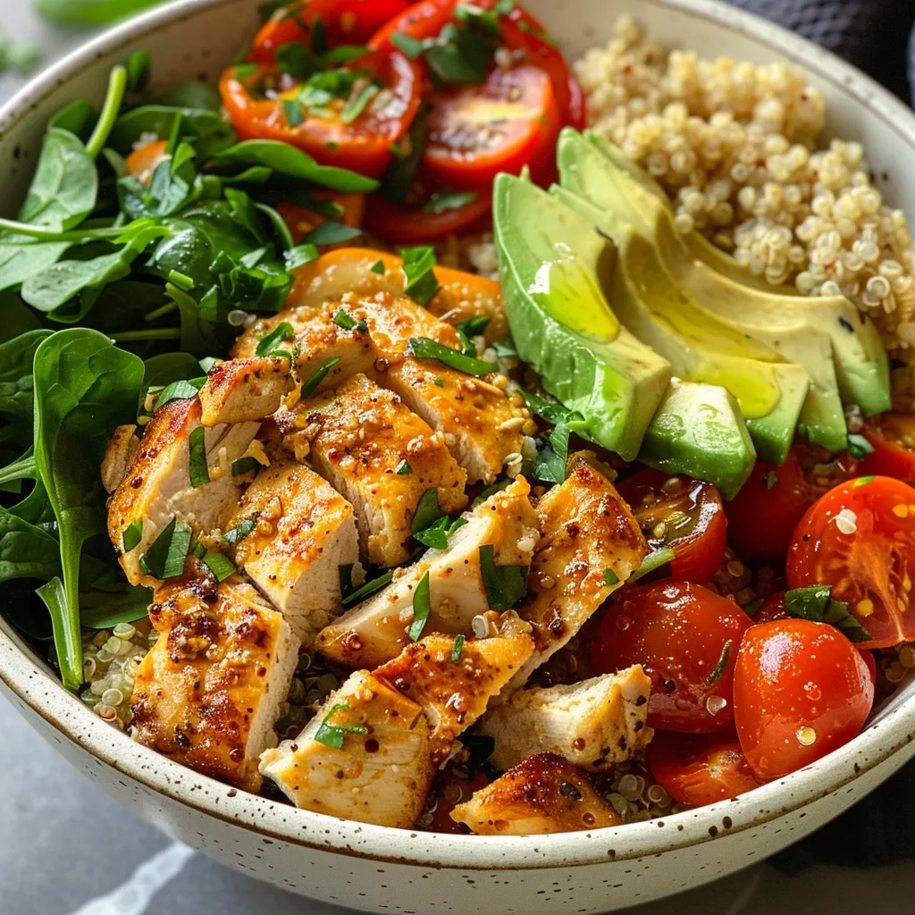 Side view of a juicy chicken quinoa bowl featuring quinoa, chicken, and fresh veggies.
