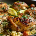 Close-up side view of juicy chicken thighs served with pearl couscous and cherry tomatoes.