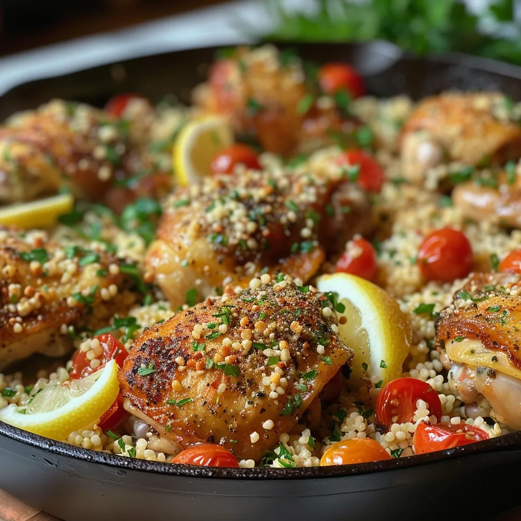 Tasty chicken dish featuring perfectly cooked chicken thighs and fluffy couscous with herbs.