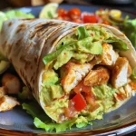 Juicy chicken wrap with vegetables and guacamole, side view.