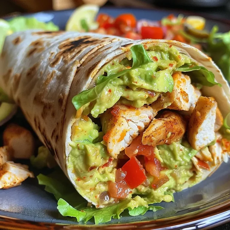 Juicy chicken wrap with vegetables and guacamole, side view.