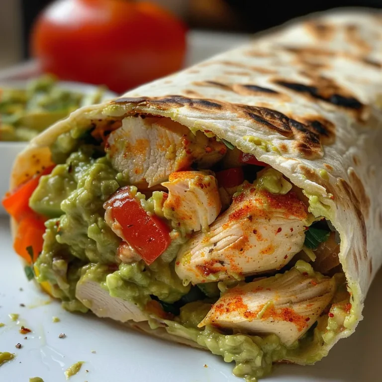 Wrap It Up: A Flavor-Packed Chicken Wrap with Zesty Guacamole! Juicy chicken wrap filled with guacamole and colorful veggies.