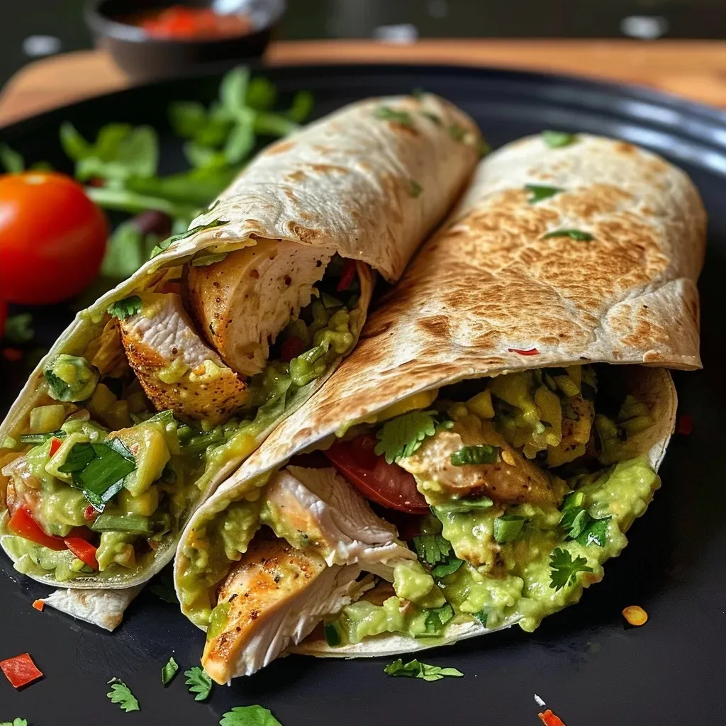 Close-up of a chicken wrap filled with fresh ingredients and guacamole.