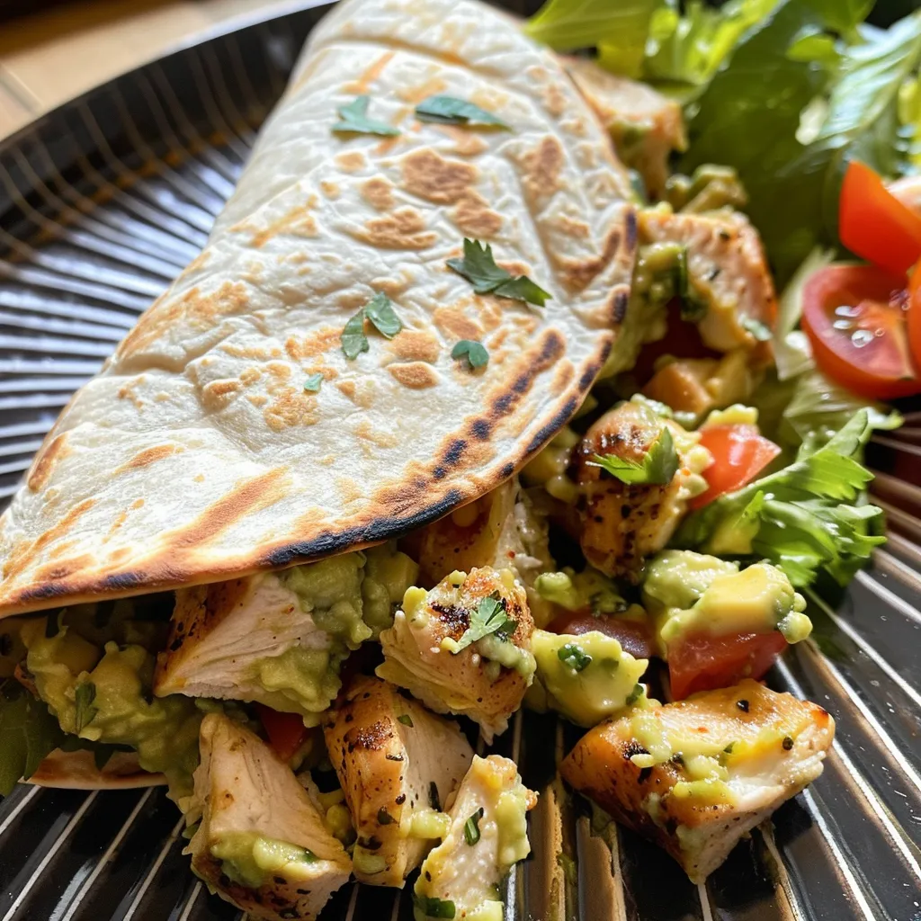 Side view of a mouthwatering chicken wrap showcasing fresh ingredients.