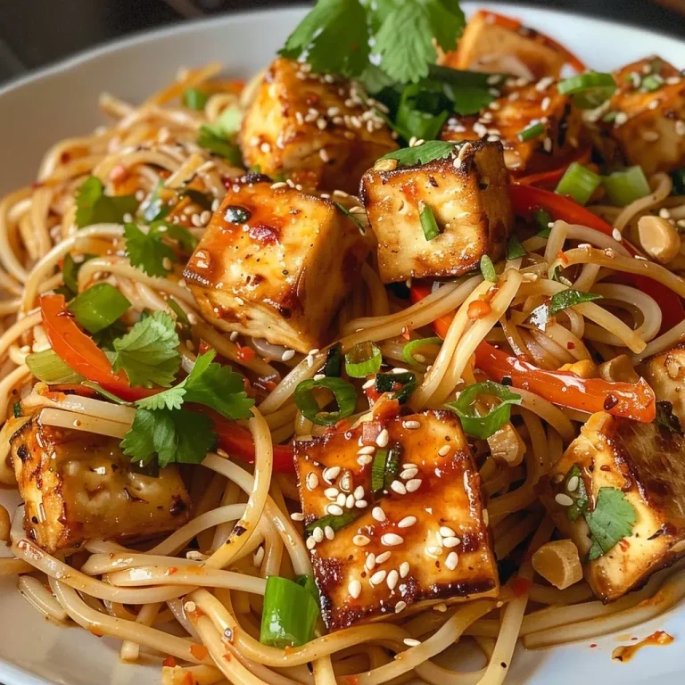 Savor the Spice: Irresistible Chili Garlic Noodles with Crispy Tofu Close-up view of vibrant Chili Garlic Noodles topped with crispy tofu and garnished with green onions and sesame seeds.