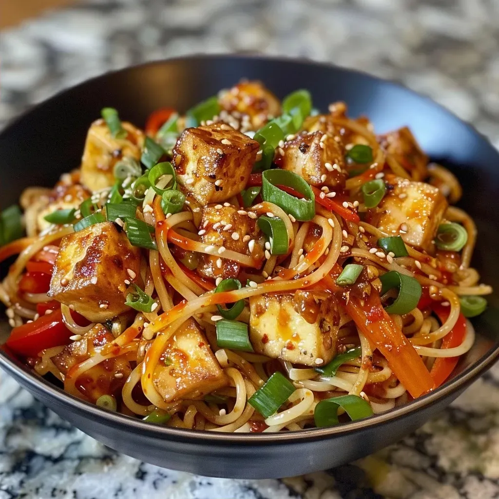Side view of a bowl filled with colorful Chili Garlic Noodles, crispy tofu, and fresh vegetables, showcasing a delicious meal.