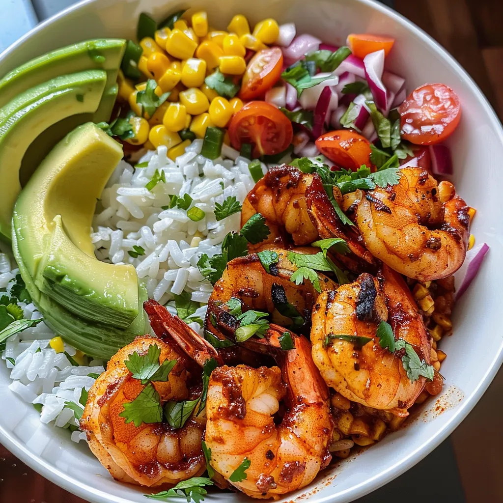 Side view of a colorful shrimp bowl featuring lime, avocado, and tomatoes.