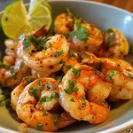 Close-up view of juicy chili lime shrimp garnished with cilantro and lime wedges.