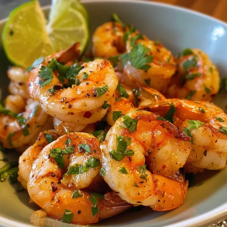 Zesty Chili Lime Shrimp: A Flavor Explosion in Minutes! Close-up view of juicy chili lime shrimp garnished with cilantro and lime wedges.