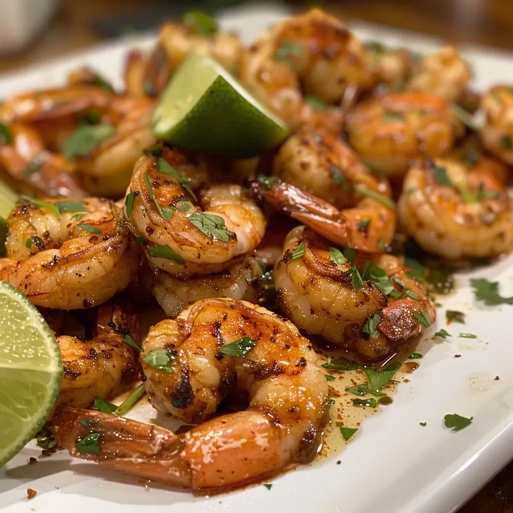 Side view of vibrant chili lime shrimp arranged on a plate with fresh lime slices.