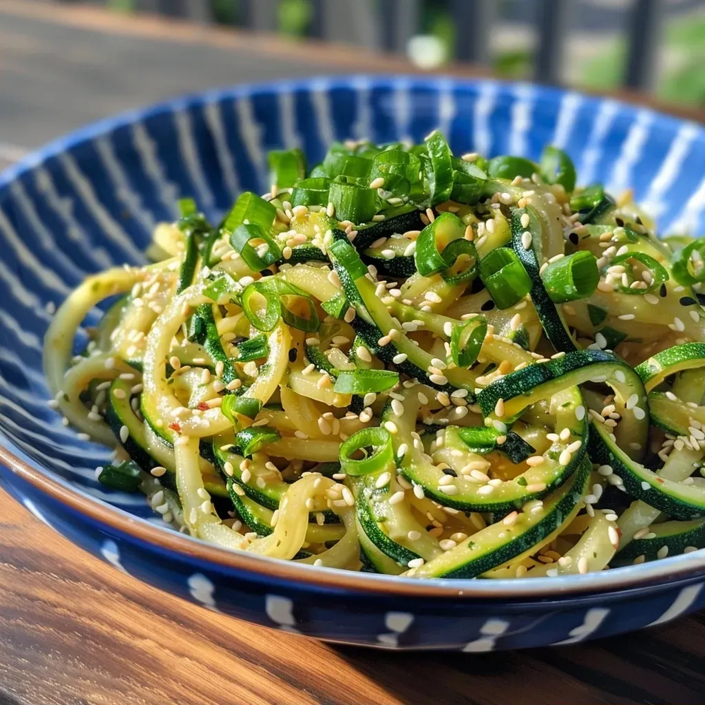 Side angle of a delicious zucchini noodle dish, garnished with chopped garlic and chili flakes.