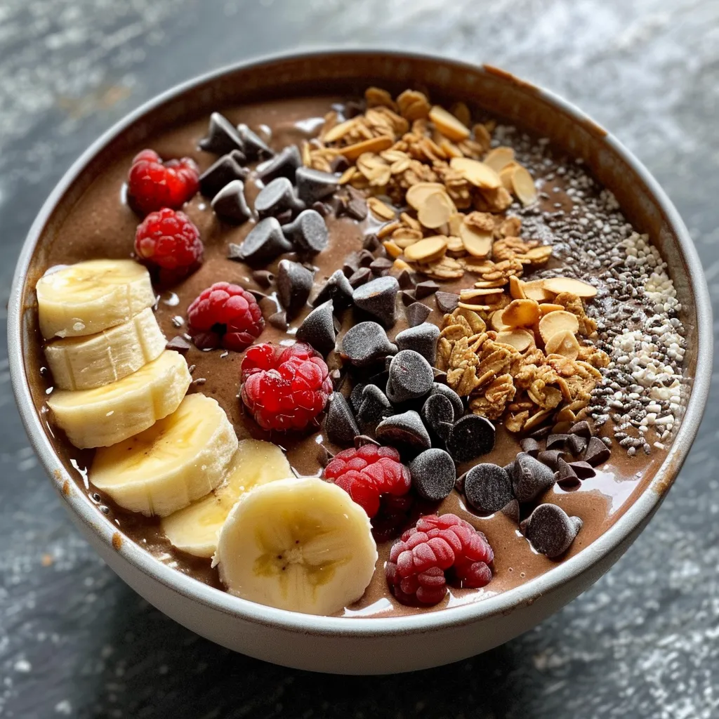 A delicious chocolate banana smoothie bowl featuring a creamy texture and vibrant fruit toppings.