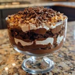 Close-up view of a layered Chocolate Brownie Trifle with chocolate shavings.