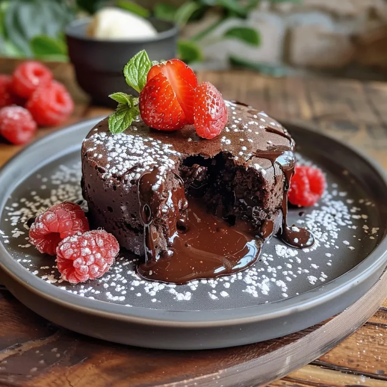 Close-up view of a molten chocolate lava cake, oozing chocolate center.