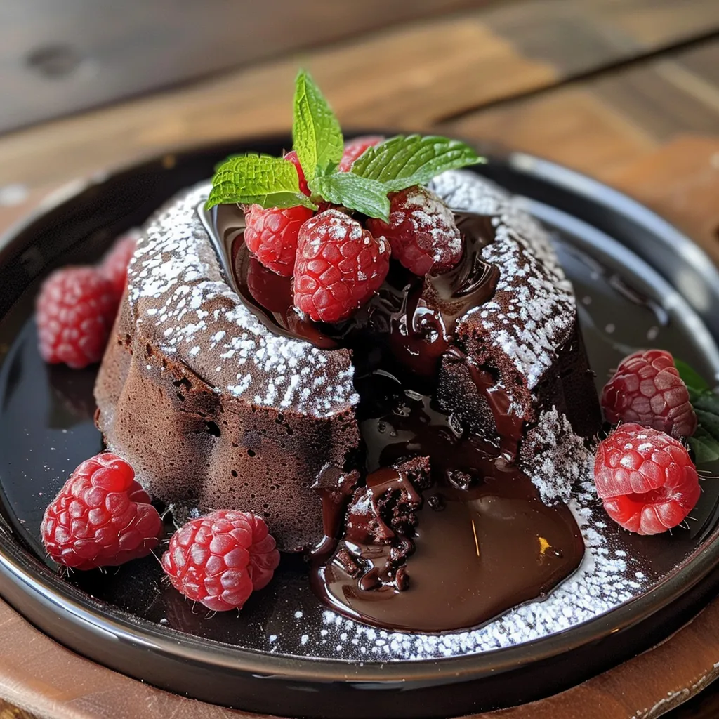 Side view of a rich chocolate lava cake with a gooey interior.