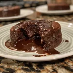 A side view of a chocolate lava cake, revealing its molten center.